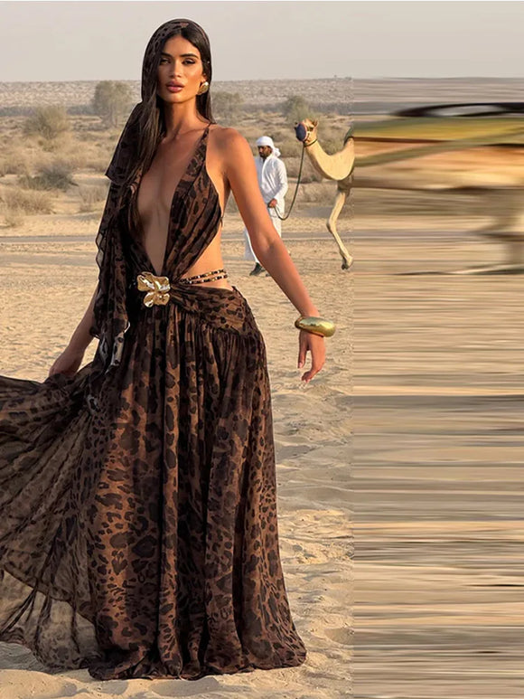 Indianna Women's Sexy Maxi Dress Halter Backless Elegant Slit Side