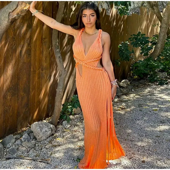 Women's Sexy Long Knit Dress Sleeveless Backless Elegant Side Slit