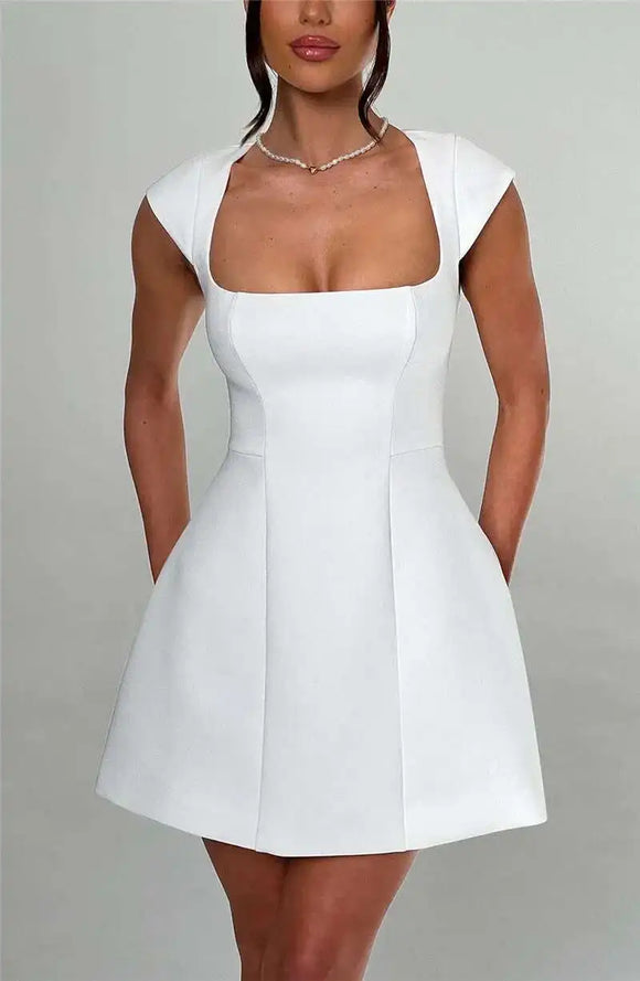 Short Dress Elegant for Women Short Sleeve Square Neck A Line