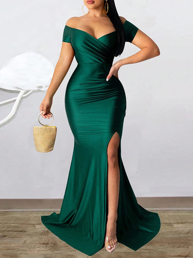 Women's Sexy Long Dress High Slit Evening with Sleeves Elegant Mermaid