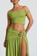 Conjunto de vestido sexy con espalda descubierta cuello inclinado top corto falda con abertura-9