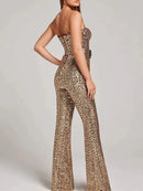Women's Jumpsuit Sequin Sleeveless Sparkle Backless With Belt Party