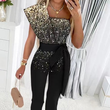 Women’s Jumpsuit Wedding Guest Elegant Sequins One Shoulder Bodycon - 0