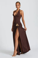 Conjunto de vestido largo sexy elegante sin espalda cuello halter falda larga con abertura-17