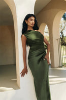 Vestido largo sexy elegante de satén un hombro descubierto sin espalda -15