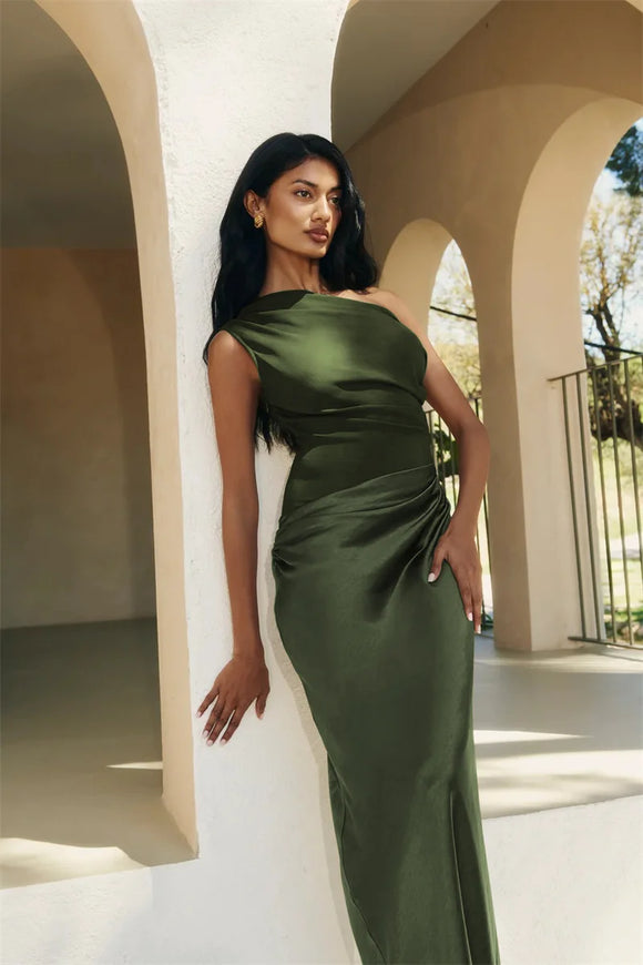 Vestido largo sexy elegante de satén un hombro descubierto sin espalda 