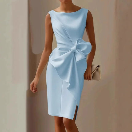 Elegant Sexy Dress For Women Round Neck Sleeveless Bow Slit Evening