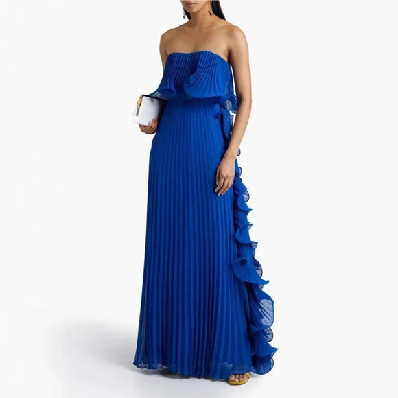 Women's Sexy Maxi Dress Elegant Chiffon Pleated Strapless Ruffle Trim