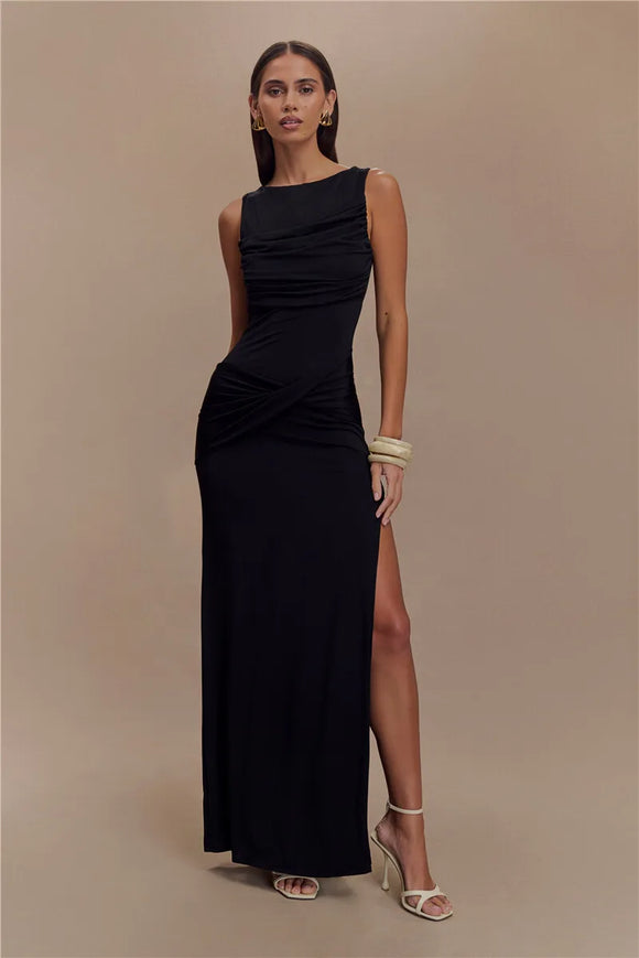 Women's Sexy Long Dress Elegant Ruched Backless Bodycon with High Slit