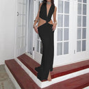 Robe sexy décolleté en V profond élégante ajourée fendue sans manches-19