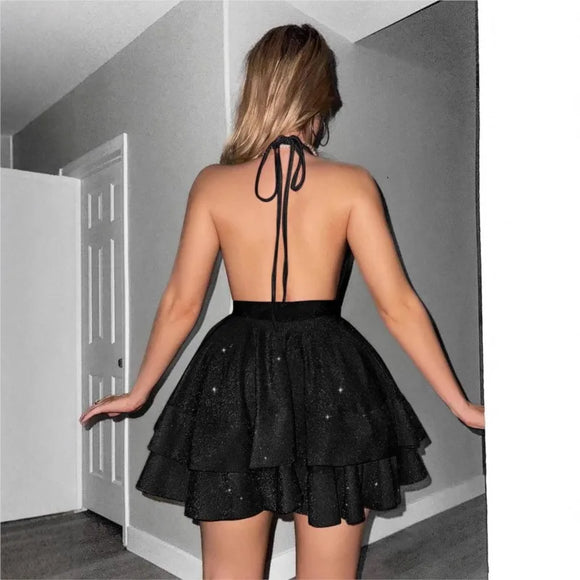 Women's Sexy Dress Deep V Neck Hot Pink Lace Up Backless Ruffles