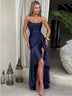 Elegant Sexy Maxi Dress Satin Women Spaghetti Straps Backless Slit
