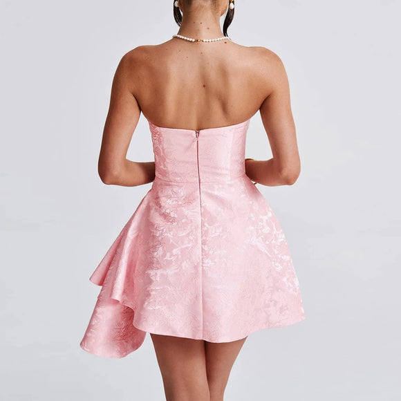 Women's Sexy Short Prom Dress Jacquard Backless Strapless Satin