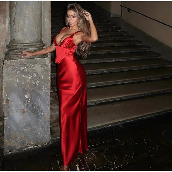 Women's Sexy Long  Dress Satin Elegant Backless Bodycon Fishbone