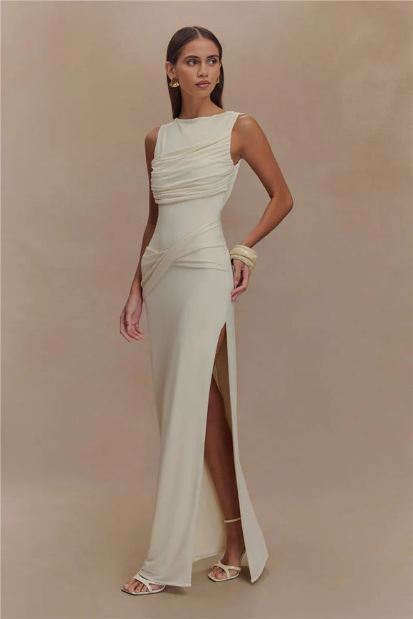 Women's Sexy Long Dress Elegant Ruched Backless Bodycon with High Slit
