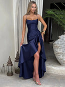 Articat Elegant Sexy Long Dress Satin Women Spaghetti Straps Backless Slit