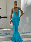 Women's Sexy Maxi Dress Elegant Deep V-Neck Ruched Backless