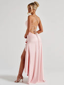 Articat Elegant Sexy Long Dress Satin Women Spaghetti Straps Backless Slit