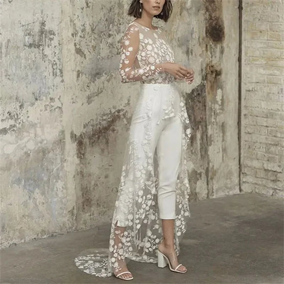 Women's Wedding Jumpsuit Elegant Lace Two Piece High Waist Long Sleeve