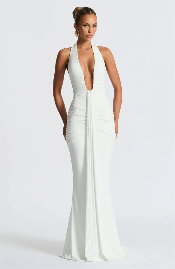Sexy Maxi Dress Deep V-Neck Ruched Backless Elegant for Women