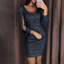 Women's Sexy Mini Dress Silver Sequin V Neck Long Sleeve Slim Fit