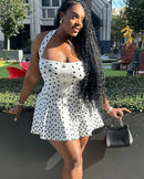 Mini-robe sexy élégante à pois pour femme dos nu sans manches coupe trapèze-4