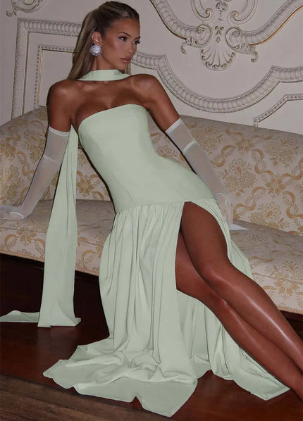 Women's Sexy Maxi Dress Elegant Strapless Backless High Slit Evening Gown