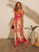 Bohemian Floral Sexy Maxi Dress for Women Elegant Strap Halter V Neck