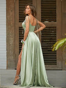 Women's Sexy Long Dress Spaghetti Strap Elegant Satin with Leg Slit