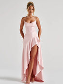 Elegant Sexy Maxi Dress Satin Women Spaghetti Straps Backless Slit