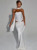 Women's Sexy Dress Sequin Set Crop Top Long Satin Skirt Elegant