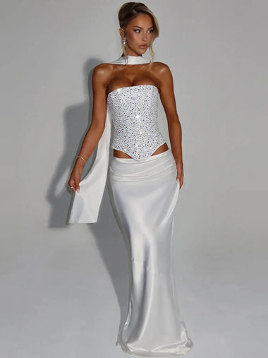 Women's Sexy Dress Sequin Set Crop Top Long Satin Skirt Elegant