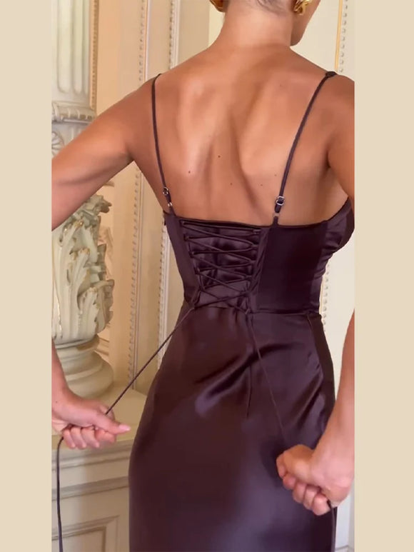 Women's Sexy Long  Dress Satin Elegant Backless Bodycon Fishbone