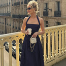 Vestido midi sexy cuello halter espalda descubierta liso sin mangas corte A-28