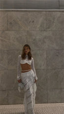 Conjunto sexy dos piezas para mujer top corto de encaje falda larga y elegante-16