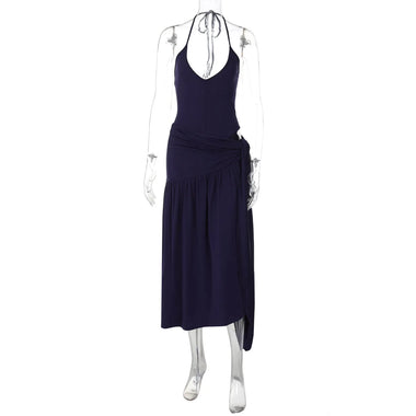 Buy navy-blue Sexy Set 2 Pieces for Women Elegant Lace Up Backless Bodysuit Slit Skirt