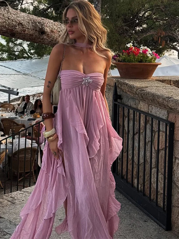 Sexy Maxi Dress Pink Elegant Ruffle Backless Off Shoulder For Women