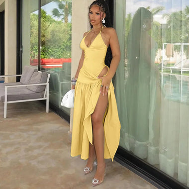 Sexy Set 2 Pieces for Women Elegant Lace Up Backless Bodysuit Slit Skirt