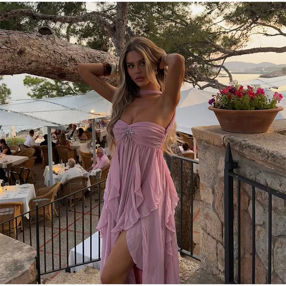 Robe longue sexy rose élégante à volants dos nu épaules dénudées