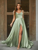 Women's Sexy Long Dress Spaghetti Strap Elegant Satin with Leg Slit