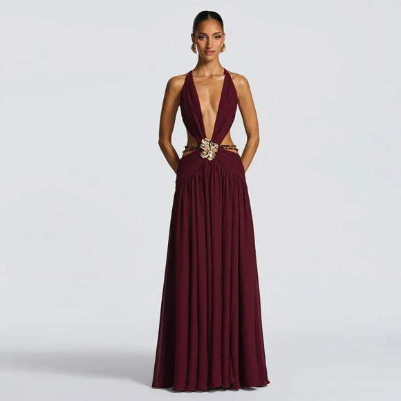 Indianna Women's Sexy Maxi Dress Halter Backless Elegant Slit Side