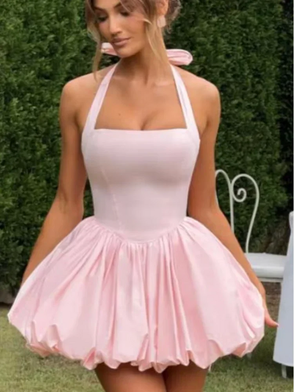 Women's Sexy Mini Dress Pleated Halter Lace Up Backless Puffed Skirt