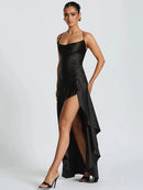 Elegant Sexy Maxi Dress Satin Women Spaghetti Straps Backless Slit