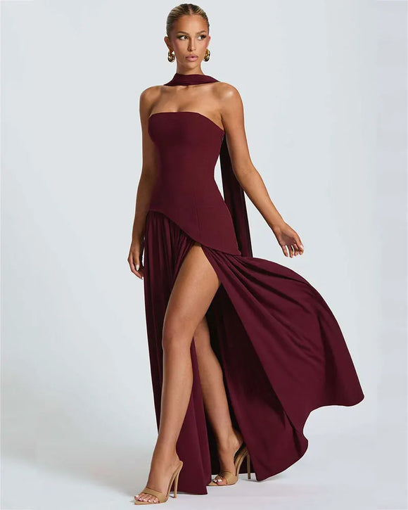 Women's Sexy Maxi Dress Elegant Strapless Backless High Slit Evening Gown