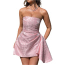 Women's Sexy Short Prom Dress Jacquard Backless Strapless Satin