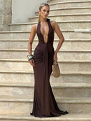 Robe longue sexy pour femme élégante décolleté en V profond froncée dos nu-33