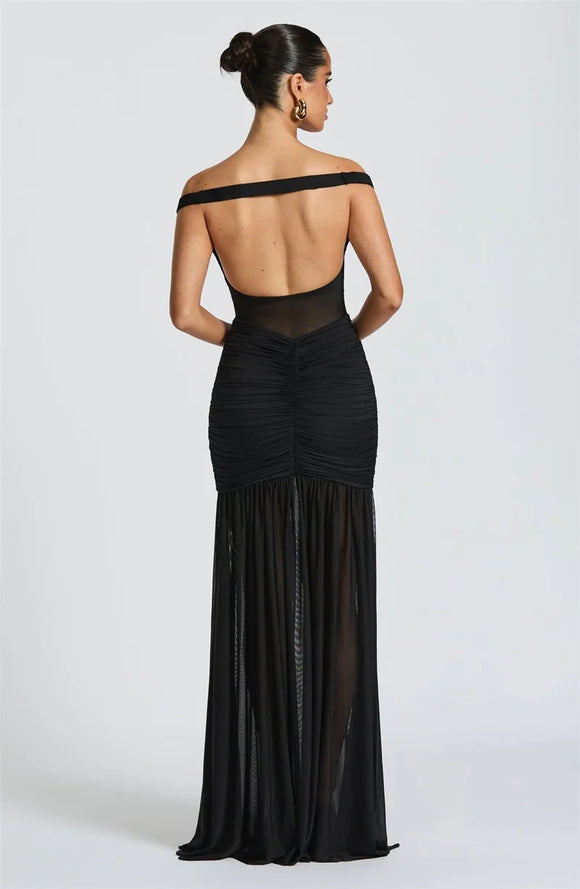 Women's Sexy Dress Elegant Long Deep V Neck Backless Ruched Gown