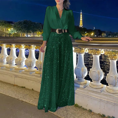 Jumpsuit Sequins Slim High Waist Belted Party Romper
