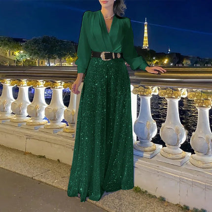 Jumpsuit Sequins Slim High Waist Belted Party Romper