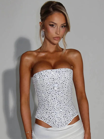 Buy white-tops Women's Sexy Dress Sequin Set Crop Top Long Satin Skirt Elegant